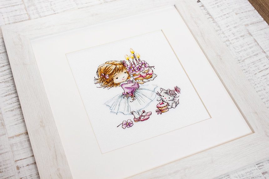 Cross Stitch Kit Luca-S - Girl with a Kitten and a Cake, B1054