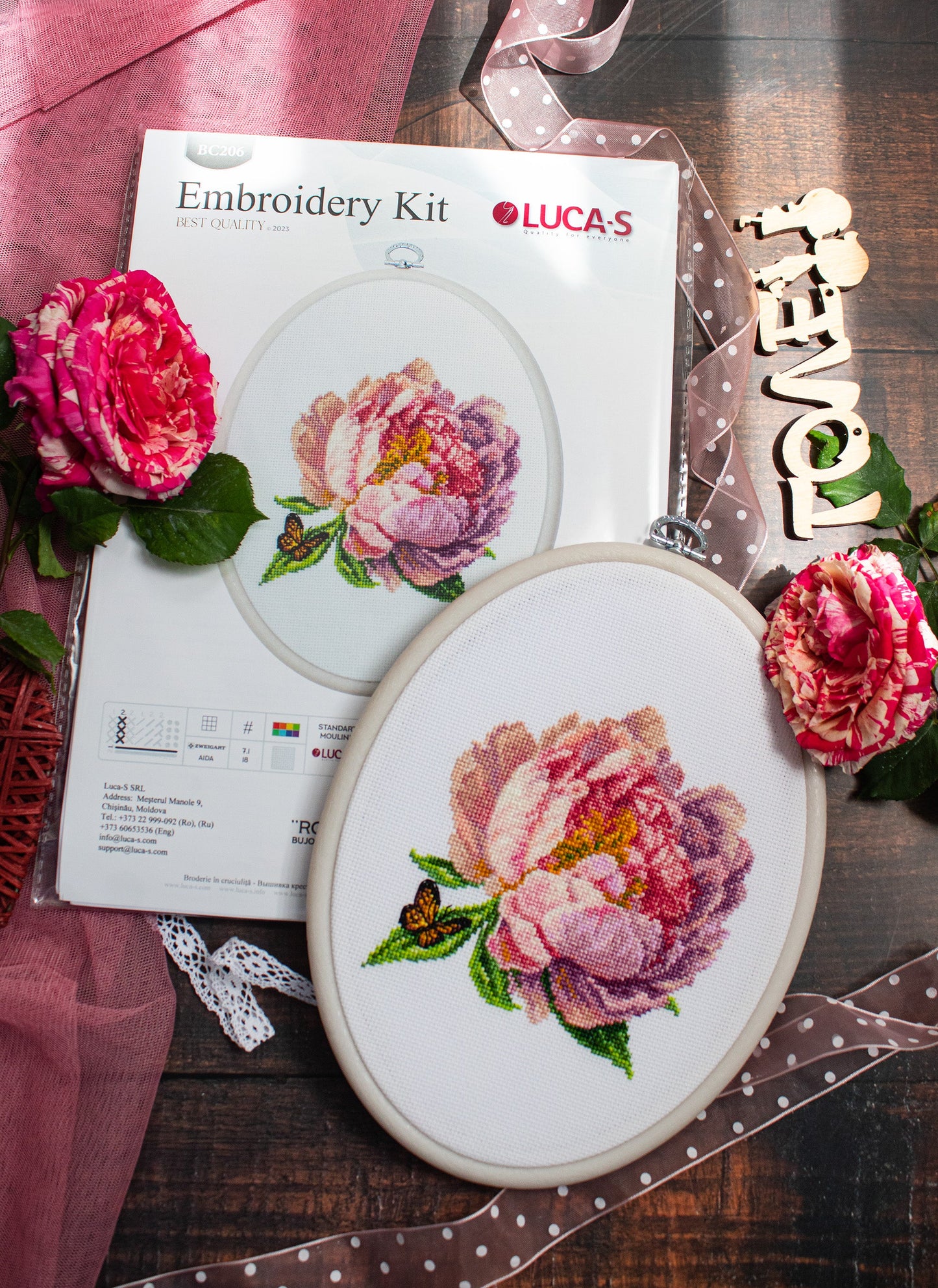 Cross Stitch Kit with Hoop Included Luca-S - ’’Rozella’’ Peony, BC206