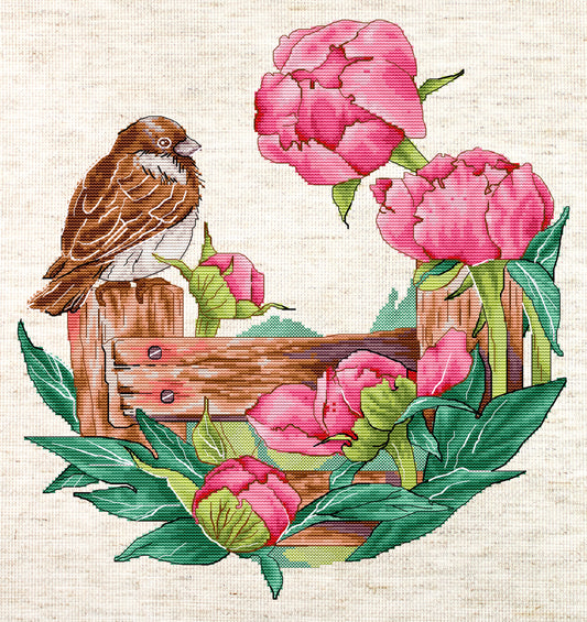 Cross Stitch Kit HobbyJobby - The Fence With Peonies