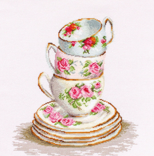 Cross Stitch Kit Luca-S - B2323, 3 Stacked Tea Cups - HobbyJobby