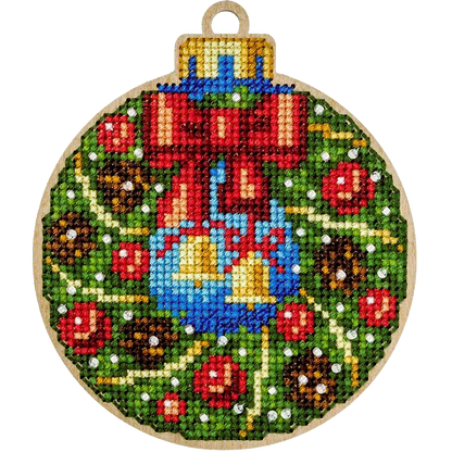 Wooden Cross-Stitch Kit – “Christmas Ornament – Bells” FLW-003