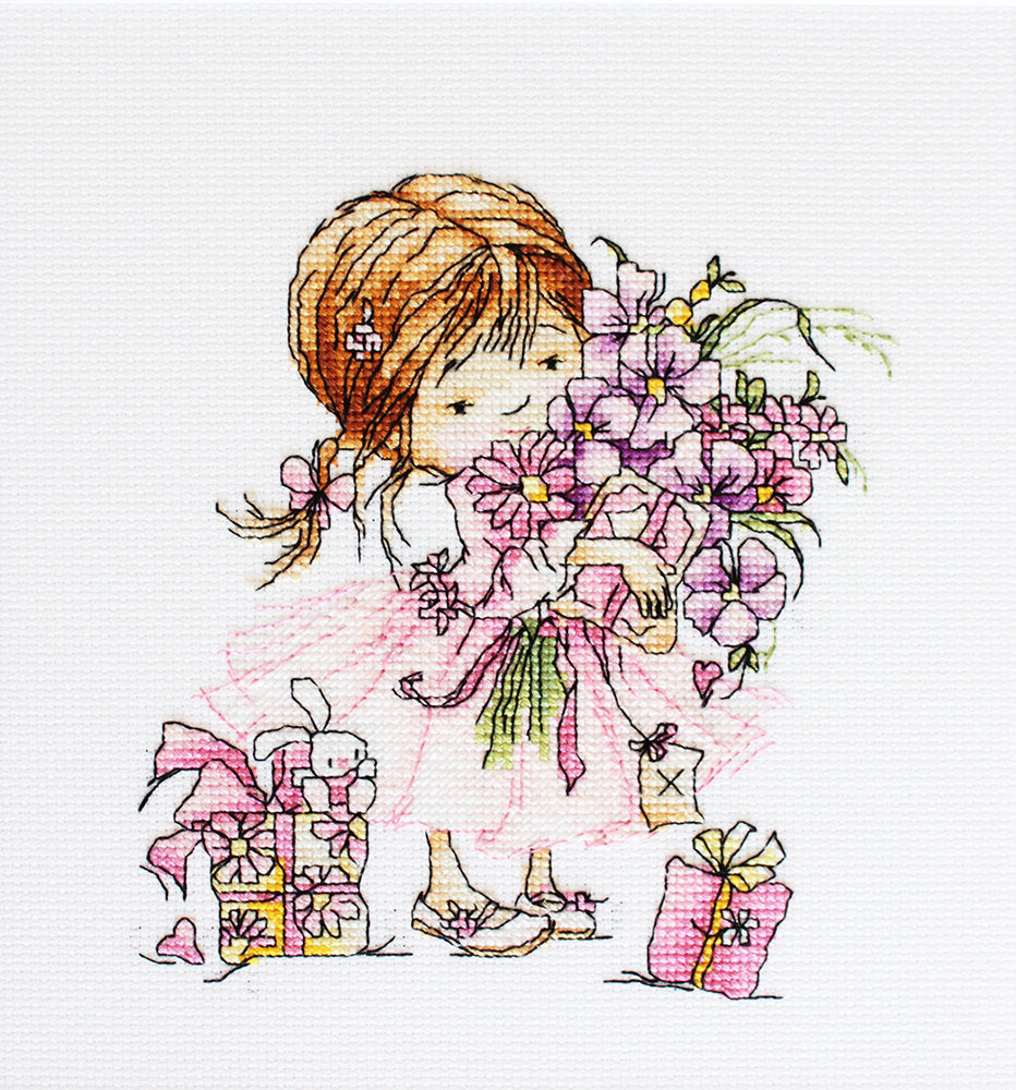 Cross Stitch Kit Luca-S - The Girl with Flowers and Gifts, B1055