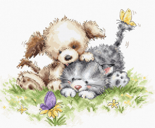 Cross Stitch Kit Luca-S - Dog and Cat with Butterfly - HobbyJobby