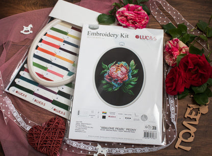 Cross Stitch Kit with Hoop Included Luca-S - ''Abalone Pearl'' Peony, BC203