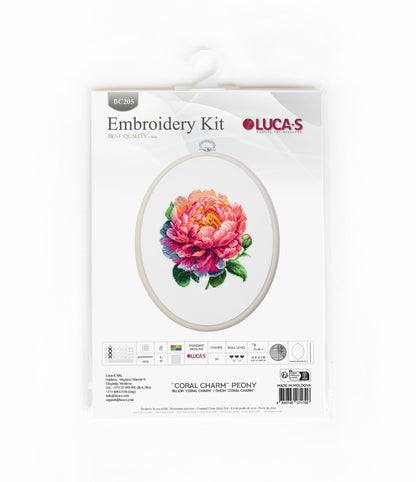 Cross Stitch Kit with Hoop Included Luca-S - ’’Coral Charm’’ Peony, BC205