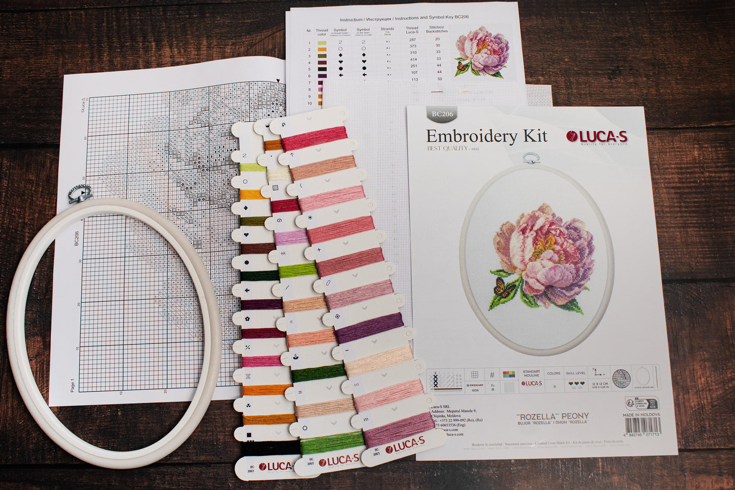 Cross Stitch Kit with Hoop Included Luca-S - ’’Rozella’’ Peony, BC206