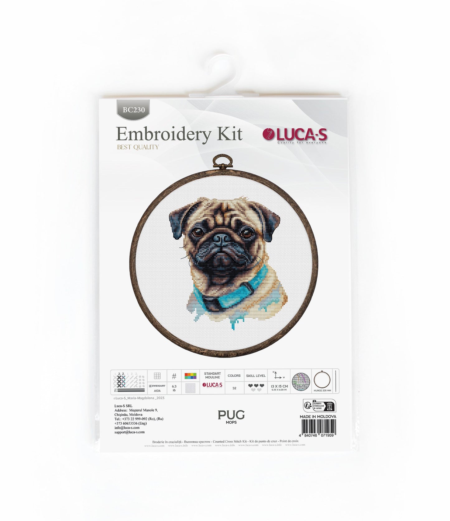 Cross Stitch Kit with Hoop Included Luca-S - Pug, BC230